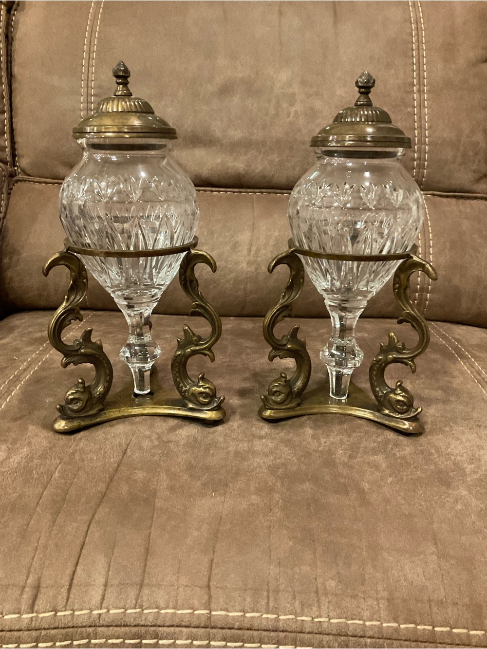 Vintage Castilian Imports Crystal Urns on and Brass Stands